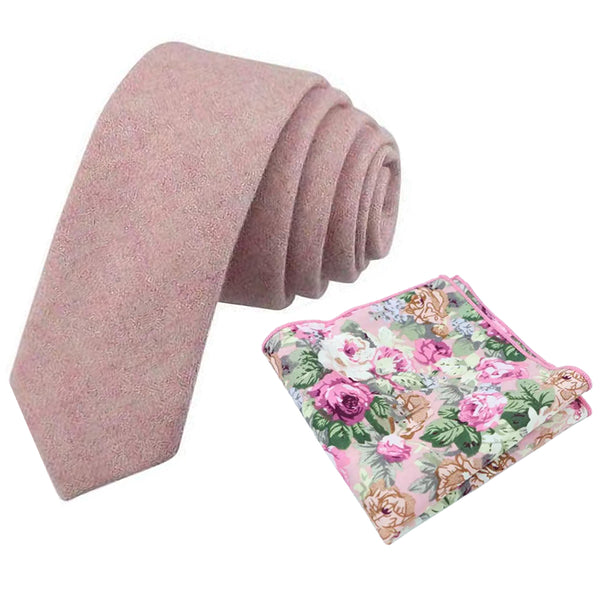 Tallulah Dusty Pink Wool Tie and Pink Floral Cotton Pocket Square Set