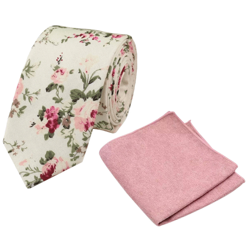 Olivia Cream Botanical Floral Cotton Tie and Dusty Rose Pink Pocket Square Set