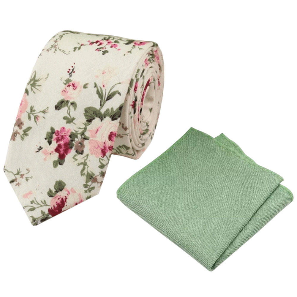 Olivia Cream Botanical Floral Cotton Tie and Sage Green Pocket Square Set