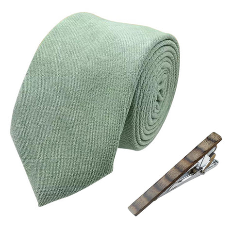 Harrison Sage Green Cotton Blend Skinny Tie and Warm Wooden Tie Clip