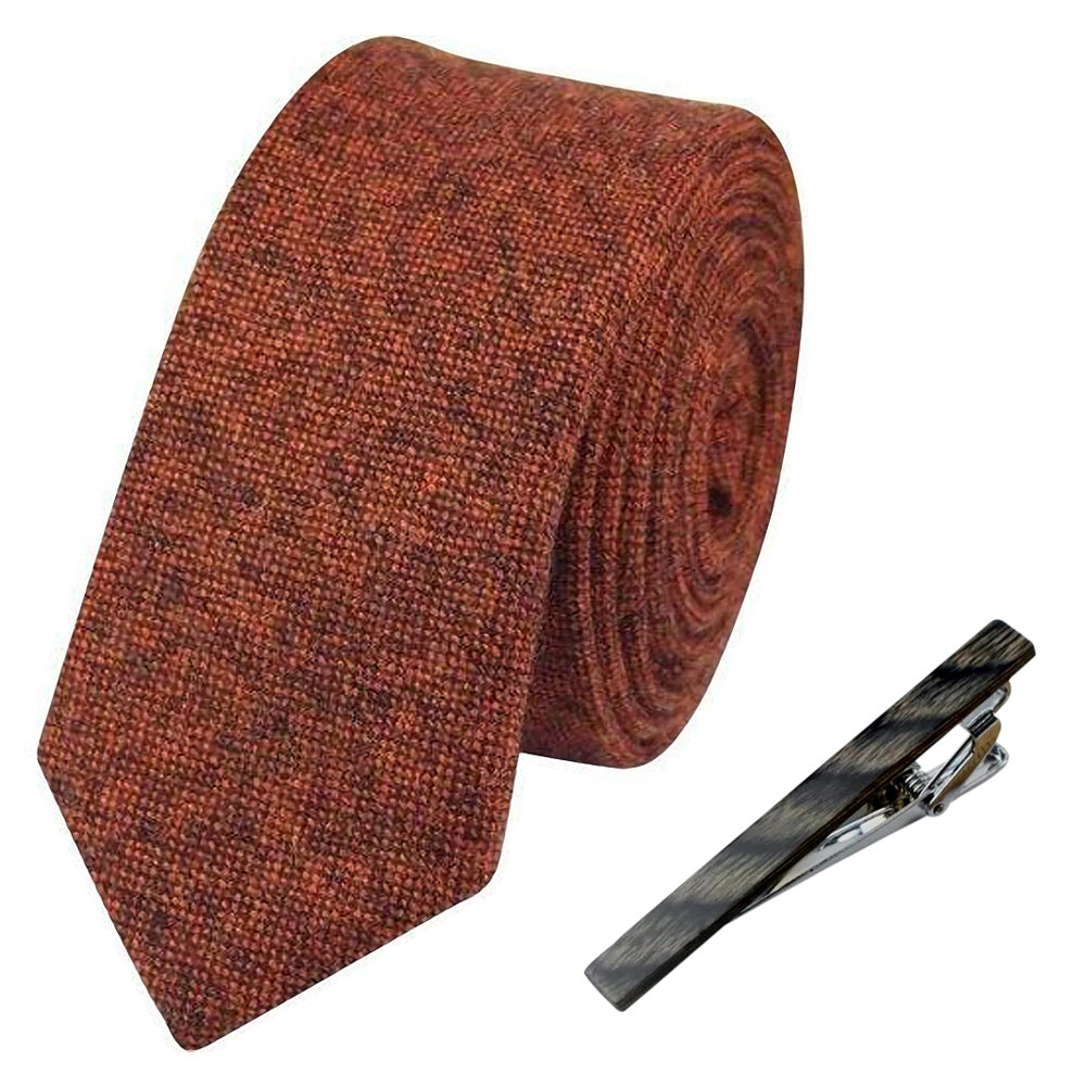 Charlie Burnt Orange Skinny Wool Tie and Charcoal Wooden Tie Clip