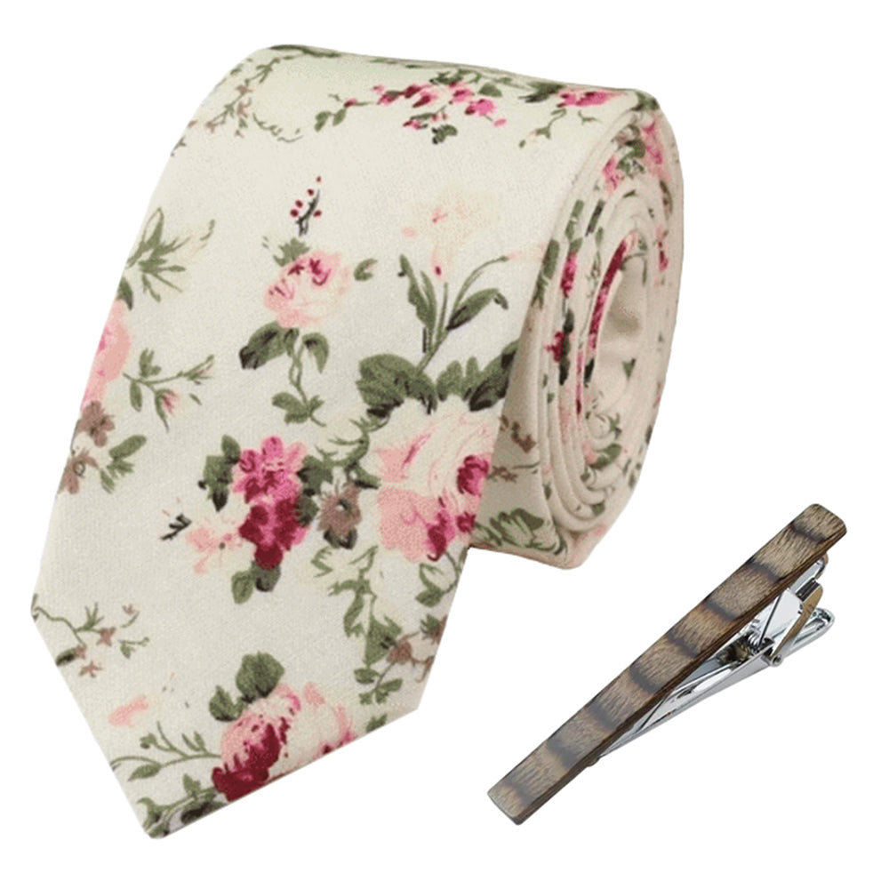 Olivia Cream Floral Cotton Skinny Tie and Warm Wooden Tie Clip