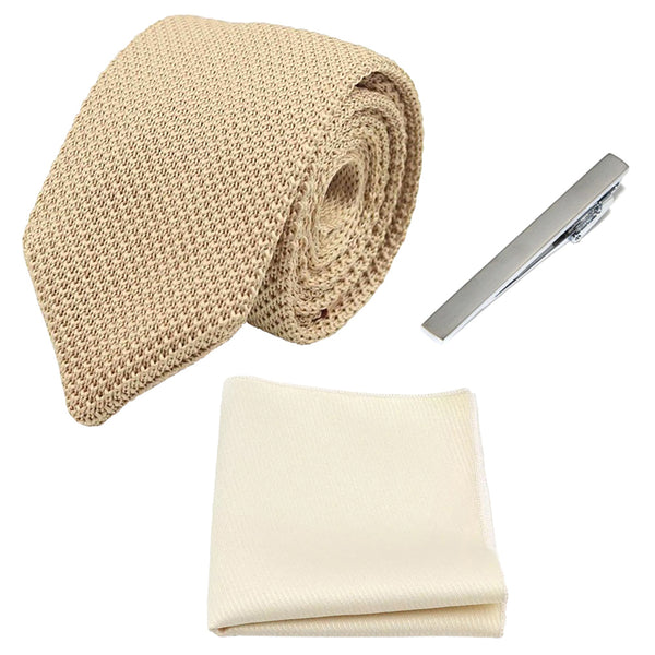 Matilda Waffle Knitted Wool Tie, Cream Pocket Square and Silver Tie Pin Set