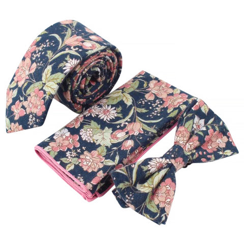 Margot Blue & Pink Floral Bow Tie, Skinny Tie and Pocket Square Set