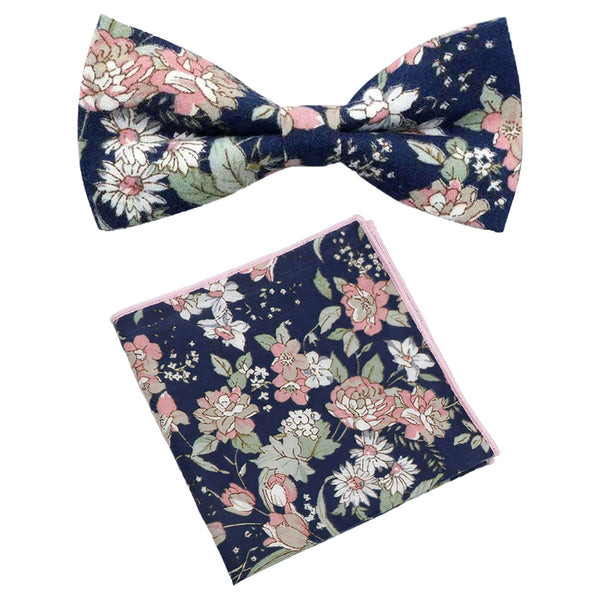 Margot Blue & Pink Floral Adult Cotton Bow Tie, Pocket Square and Navy Blue Plain Braces Set