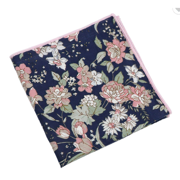 Arthur Navy Blue Wool Tie and Blue & Pink Floral Cotton Pocket Square Set