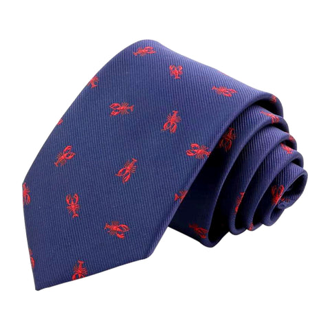 Classic Navy Blue Woven Nautical Red Lobster Print Tie