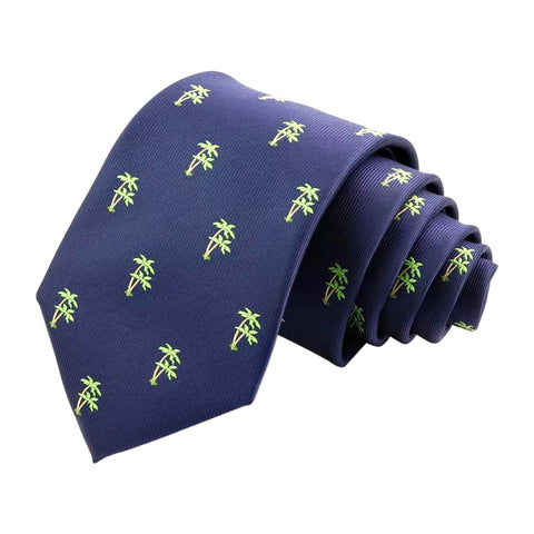 Classic Navy Blue Woven Tropical Botanical Palm Tree Print Tie