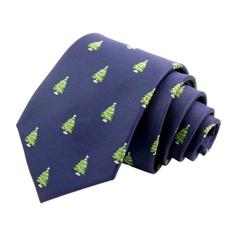 Classic Festive Navy Blue and Green Woven Christmas Tree Print Tie