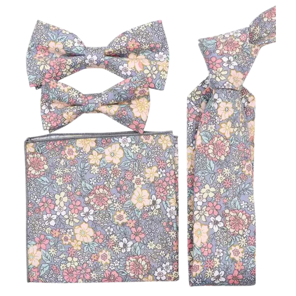 Nico: The Pink & Yellow Floral Bow Tie, Skinny Tie, Boys Bow Tie and Pocket Square Set