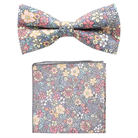 Nico Pink & Yellow Floral Cotton Bow Tie and Pocket Square Set