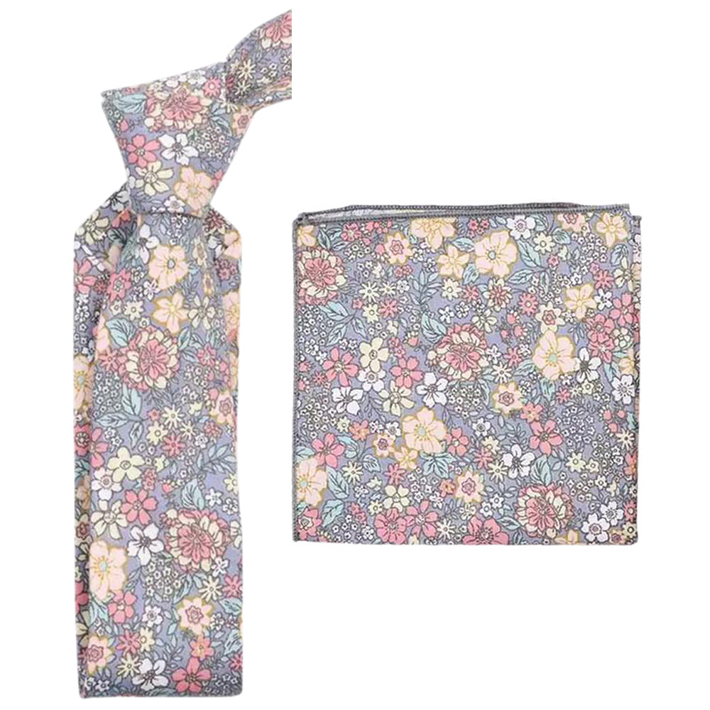 Nico Pink & Yellow Floral Cotton Tie and Pocket Square Set