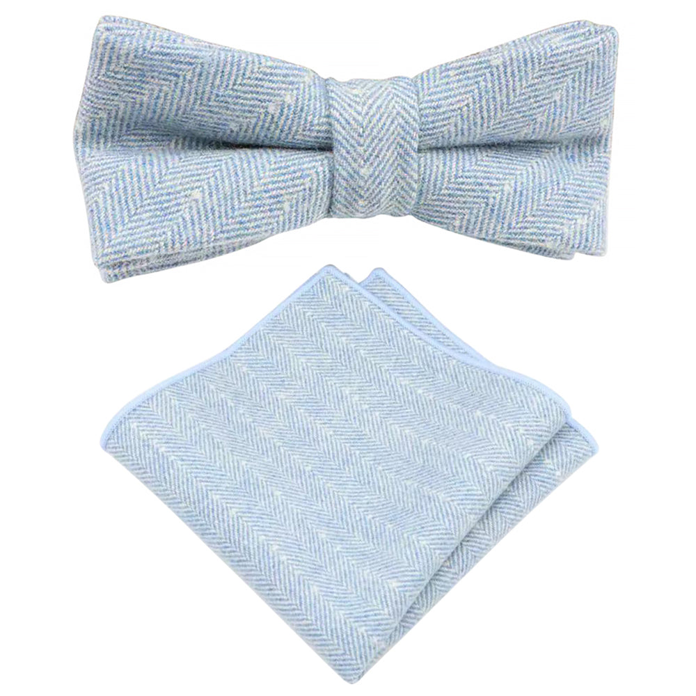 Nyla Blue Herringbone Tweed Bow Tie and Pocket Square Set