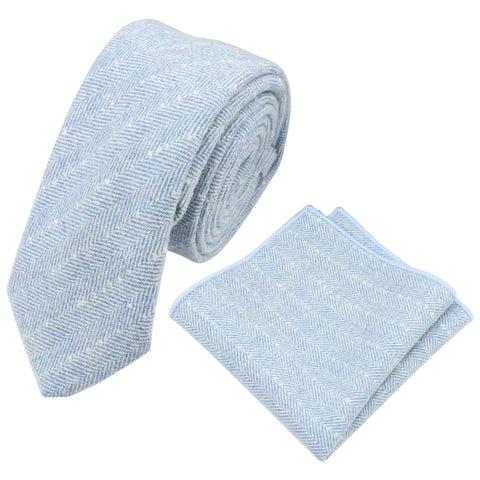 Nyla Blue Herringbone Skinny Tweed Tie and Pocket Square Set