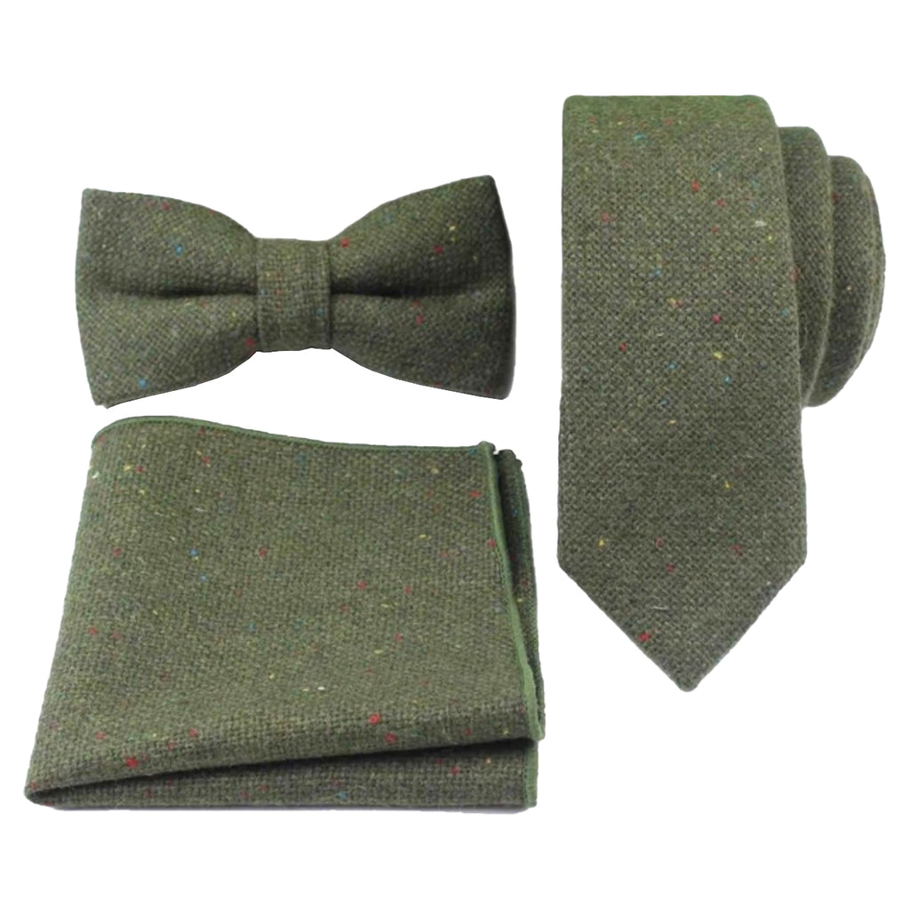 Olive Green Tweed Bow Tie, Skinny Tie and Pocket Square Set
