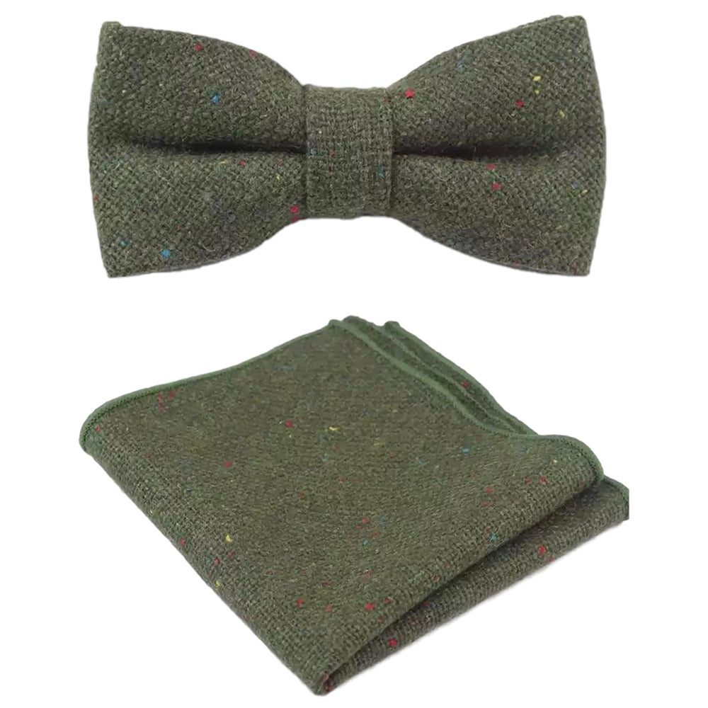 Olive Green Tweed Bow Tie and Pocket Square Set