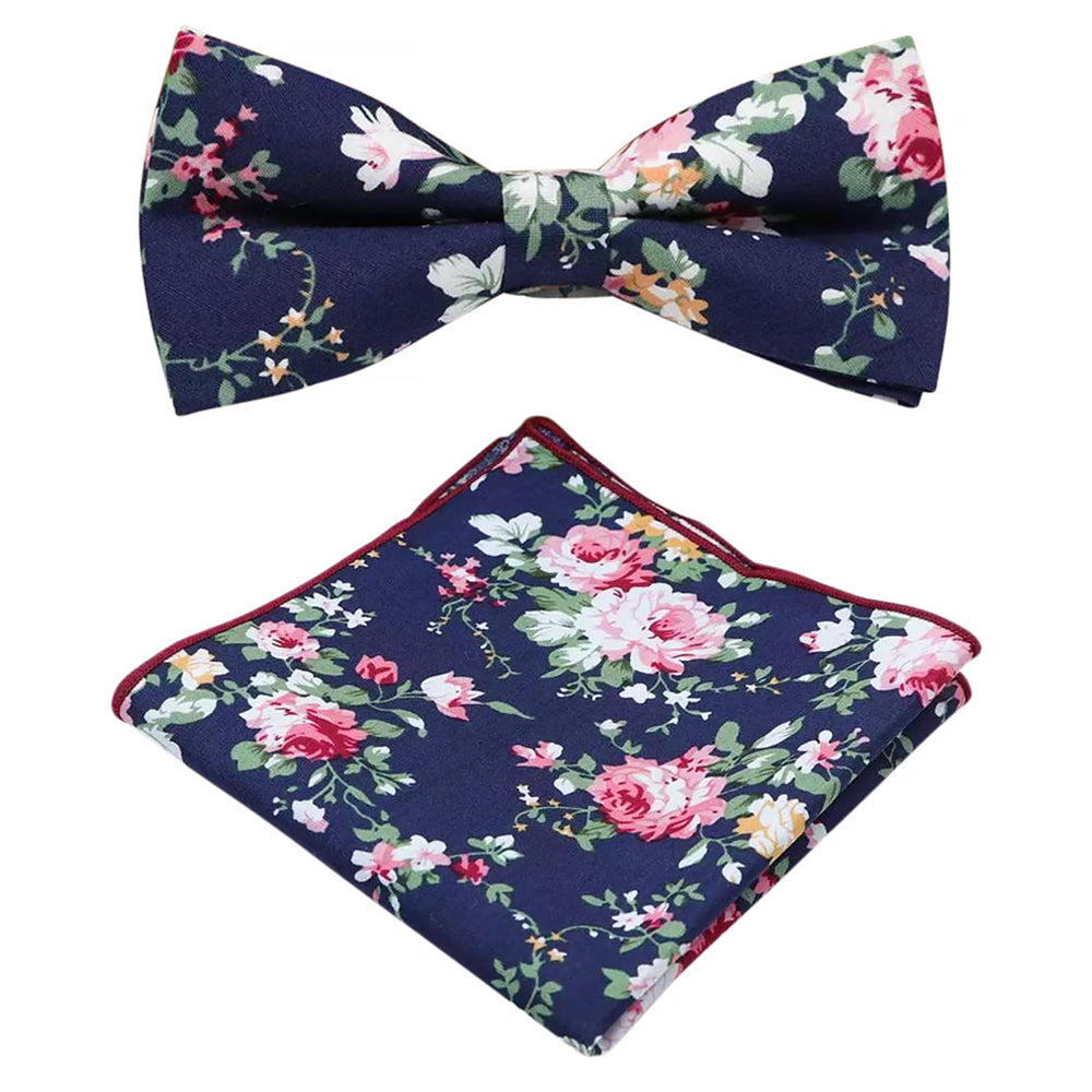 Millie Navy Blue Floral Adult Cotton Bow Tie, Pocket Square and Navy Blue Plain Braces Set