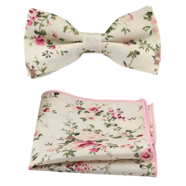 Olivia Cream Floral Adult Cotton Bow Tie, Pocket Square and Cream Beige Braces Set