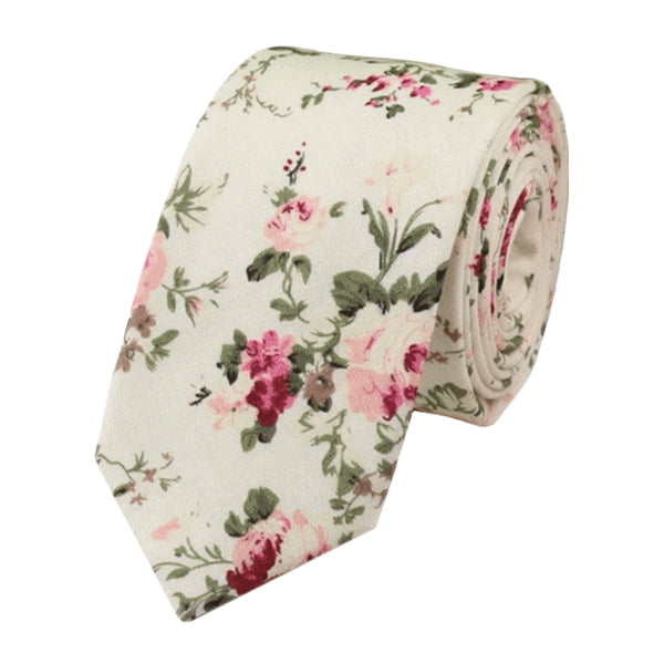 Olivia Cream Botanical Floral Cotton Tie and Dusty Rose Pink Pocket Square Set