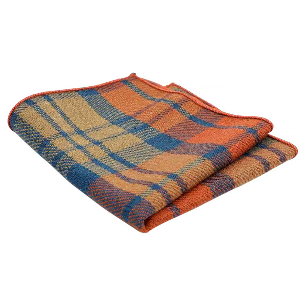 Charlie Rusty Burnt Orange Skinny Tweed Tie and Orange & Blue Plaid Tartan Pocket Square Set