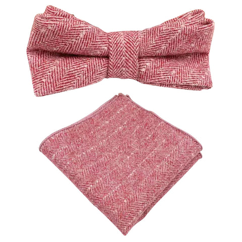 Ralphy Red Herringbone Tweed Bow Tie and Pocket Square Set