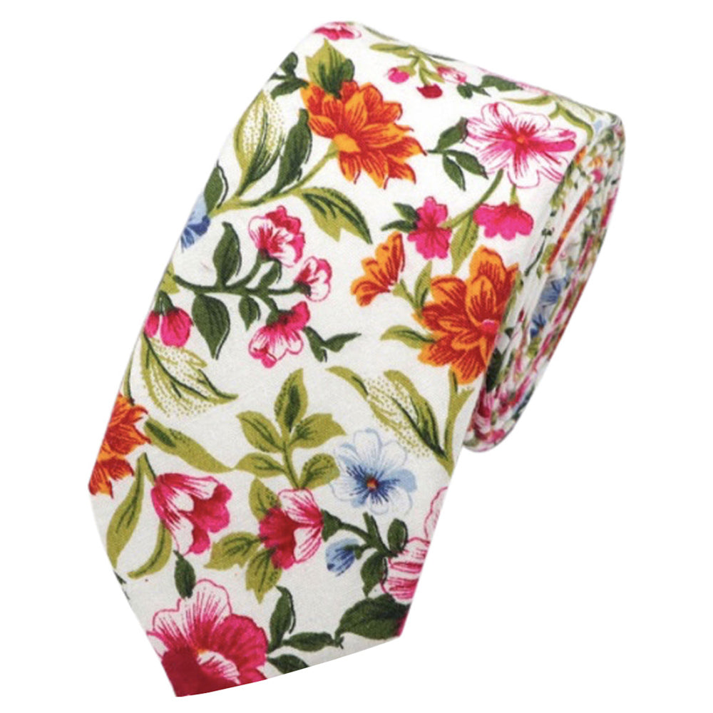 Reya White, Red & Green Floral Cotton Tie