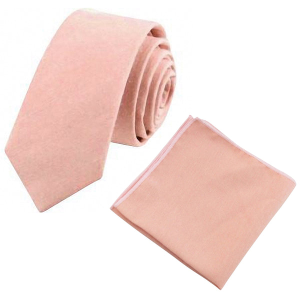 Romeo Blush Pink/Peach Skinny Cotton Tie and Pocket Square with Navy Blue Polka Dot Adult Braces Set