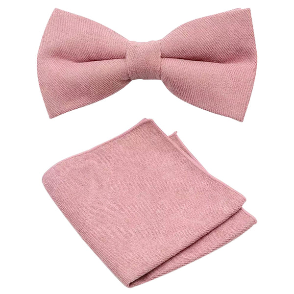 Rose Dusty Rose Pink Adult Cotton Bow Tie, Pocket Square and Navy Blue Polka Dot Braces Set
