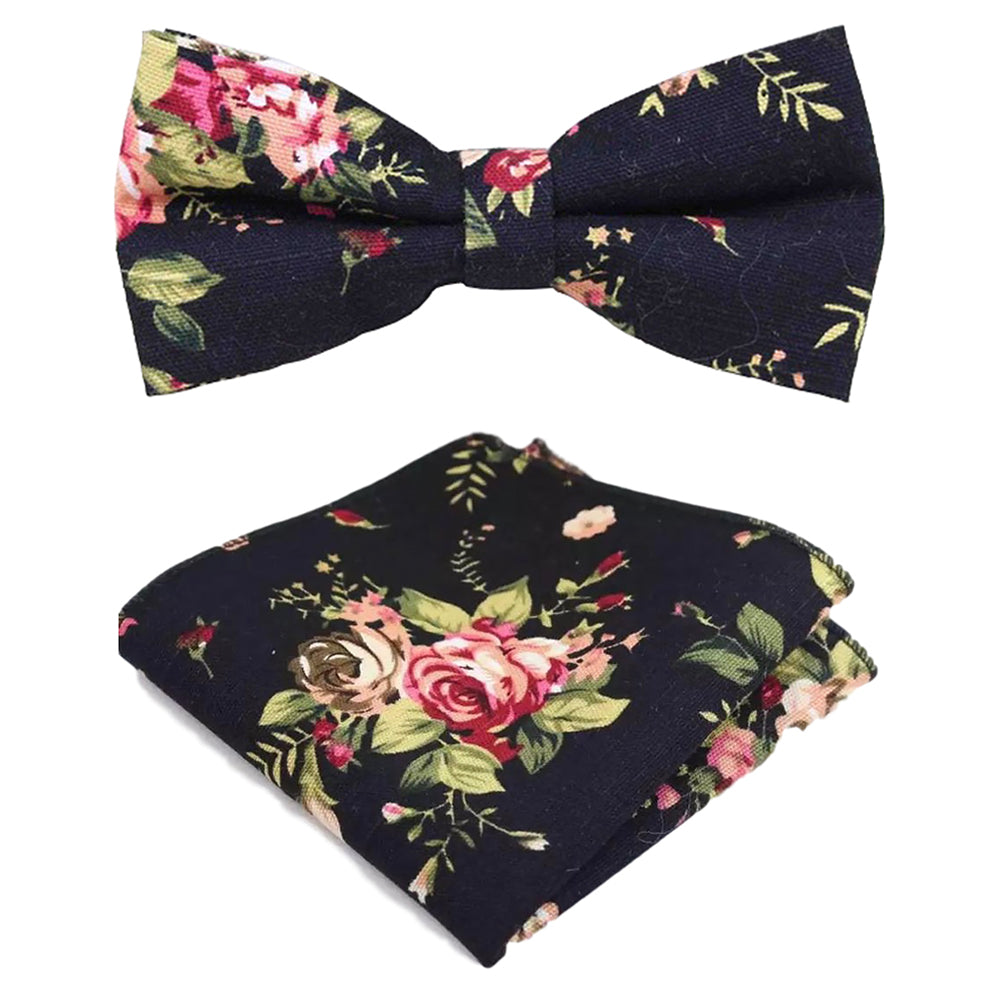 Vesper Black Floral Bow Tie and Pocket Square Set