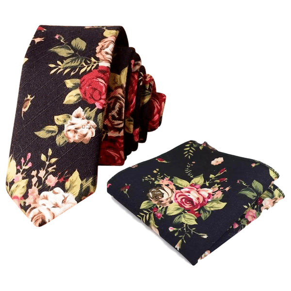 Vesper Black Floral Tie and Pocket Square Set