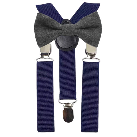 Jessica Boys Charcoal Grey Tweed Bow Tie and Navy Blue Braces