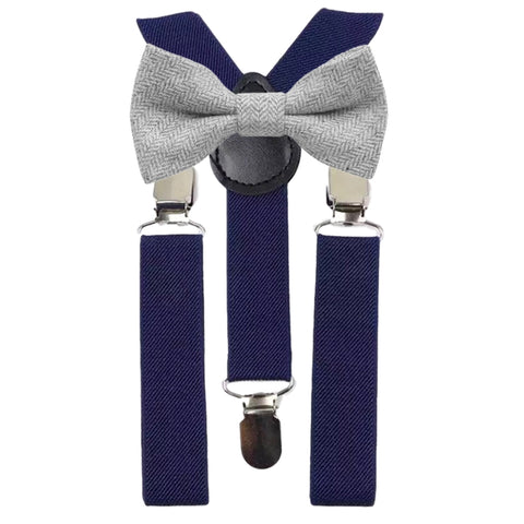 Laurie Boys Light Grey Tweed Bow Tie and Navy Blue Braces