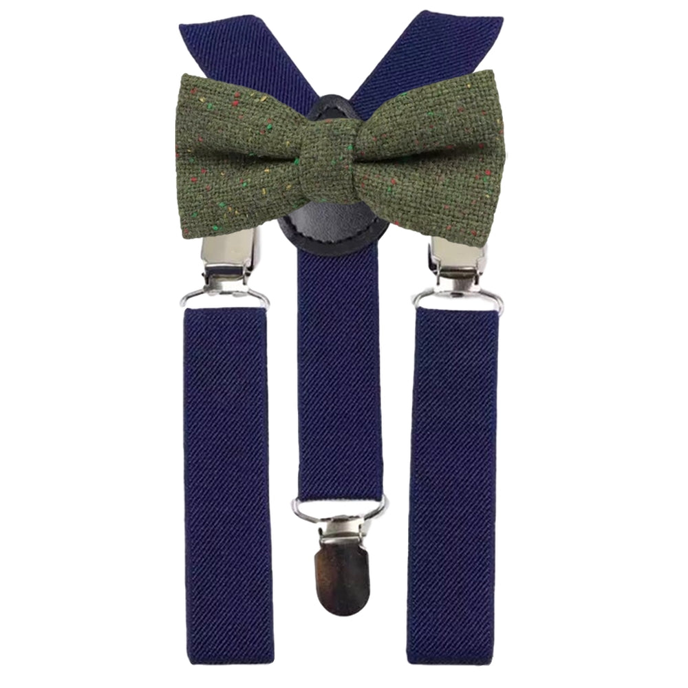 Olive Boys Green Tweed Bow Tie and Navy Blue Braces