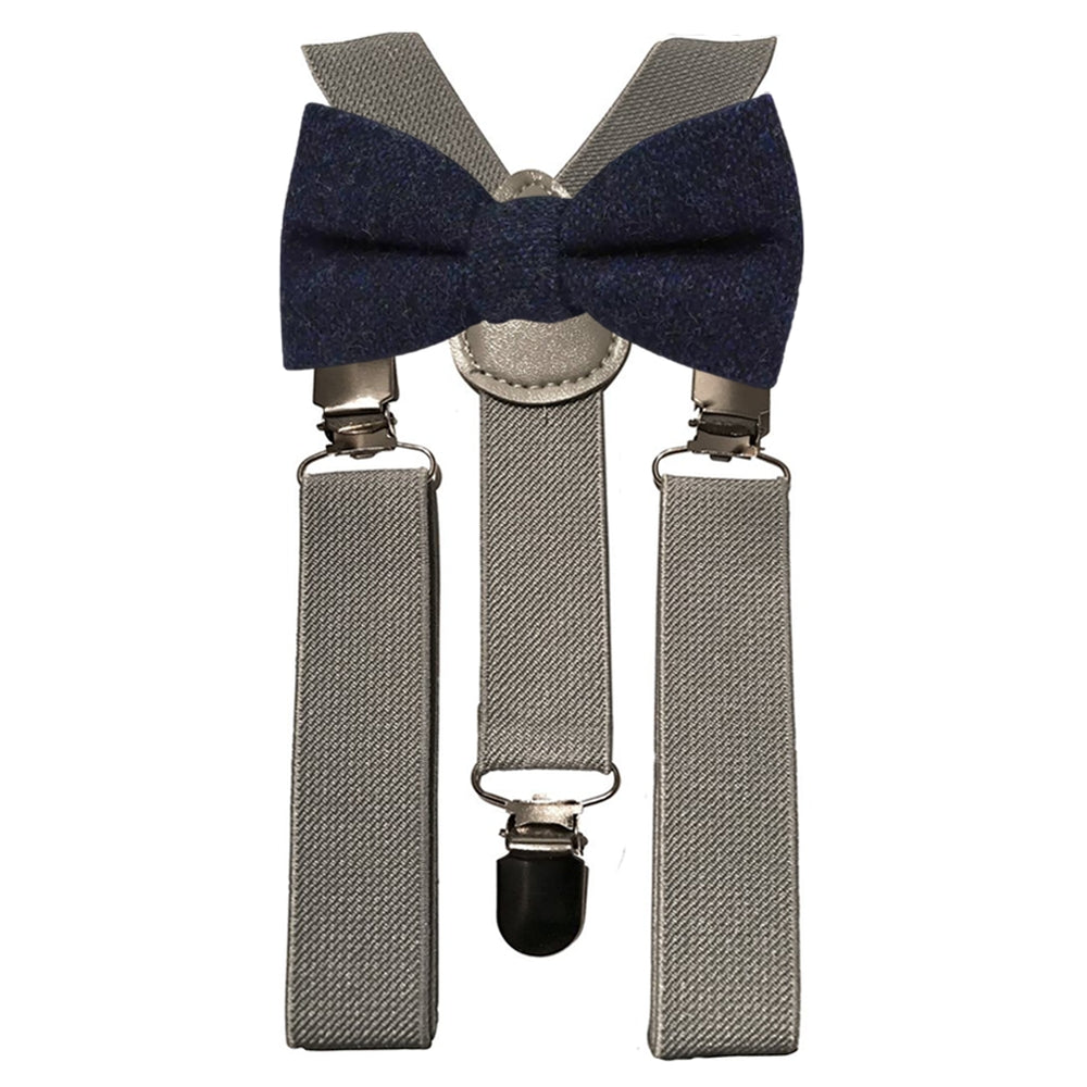 Arthur Boys Navy Blue Tweed Bow Tie and Grey Braces