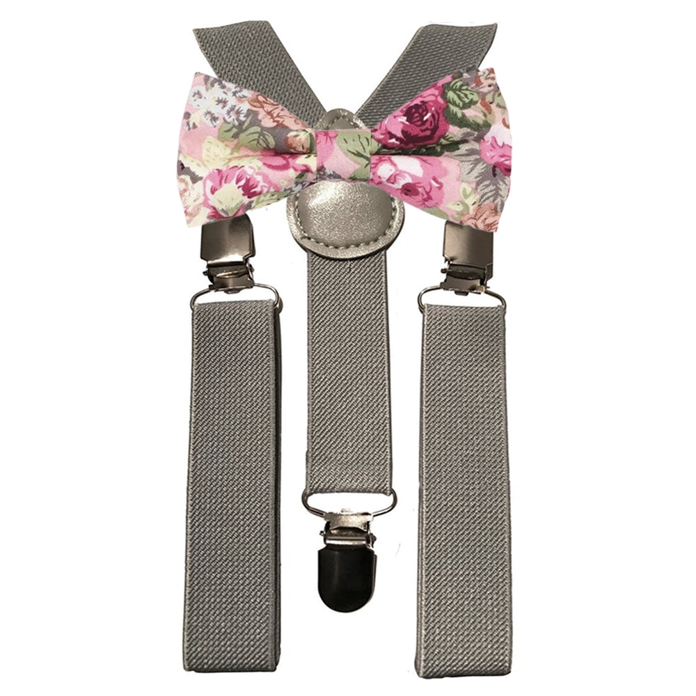 Penelope Boys Pink Floral Cotton Bow Tie and Grey Braces