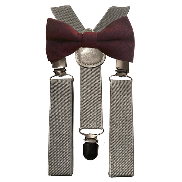 Emily Boys Burgundy Bow Red Tie and Grey Braces
