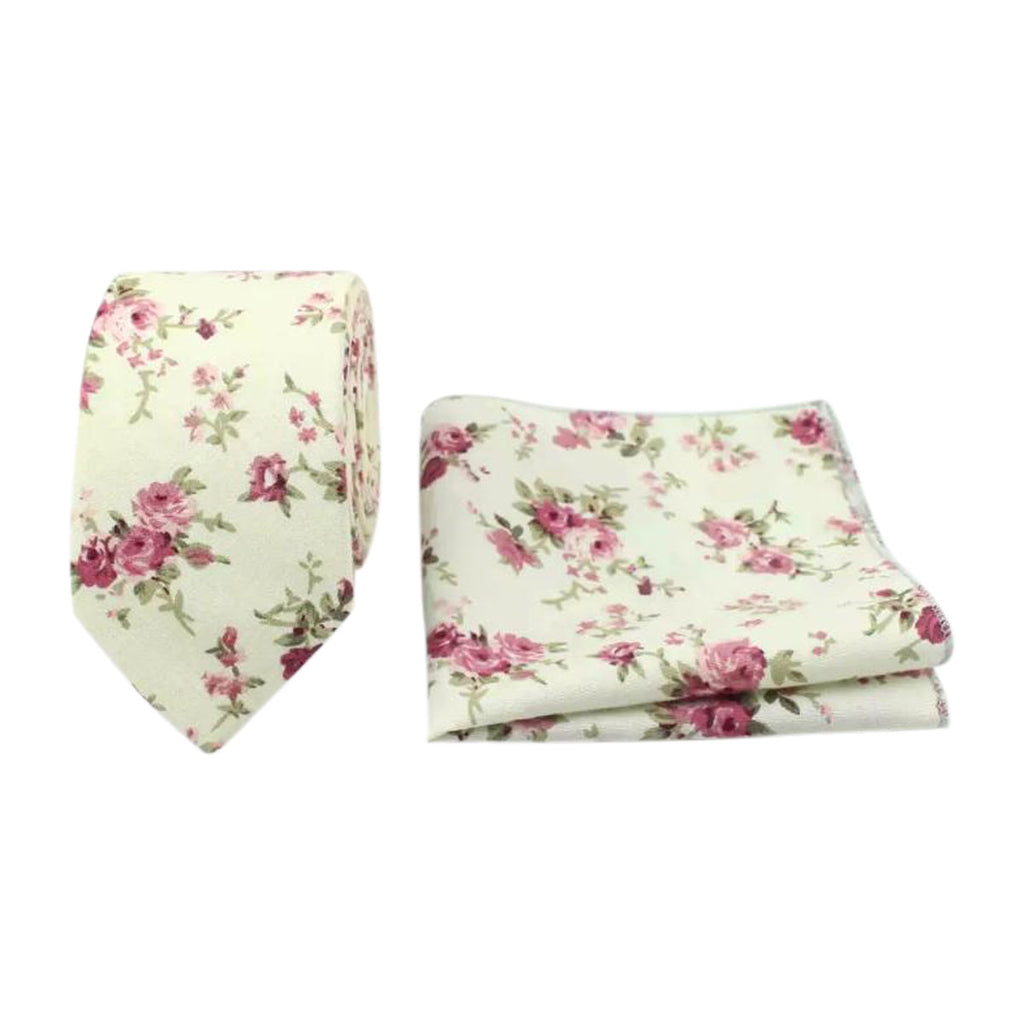 Rita Cream and Pink Botanical Floral Tie and Pocket Square Set